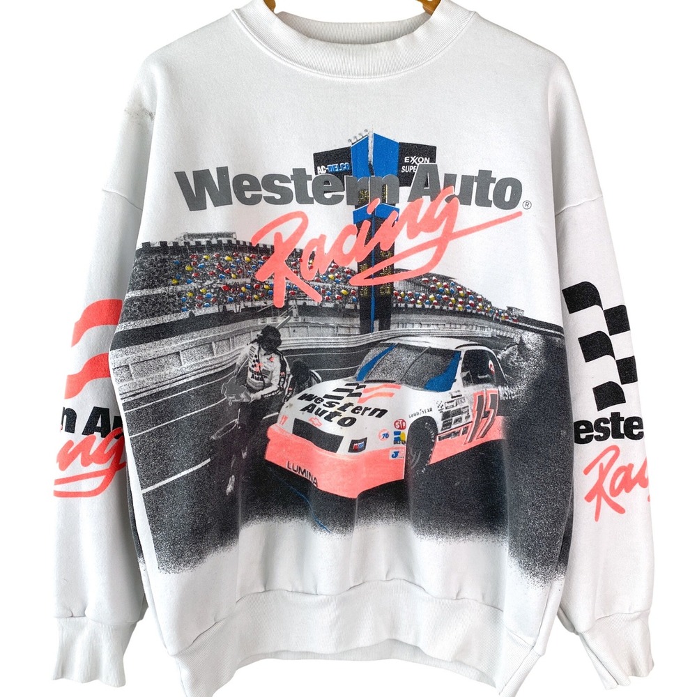 Vintage Morris Design Nascar Sweatshirt XL White Western Auto Racing Crewneck 90